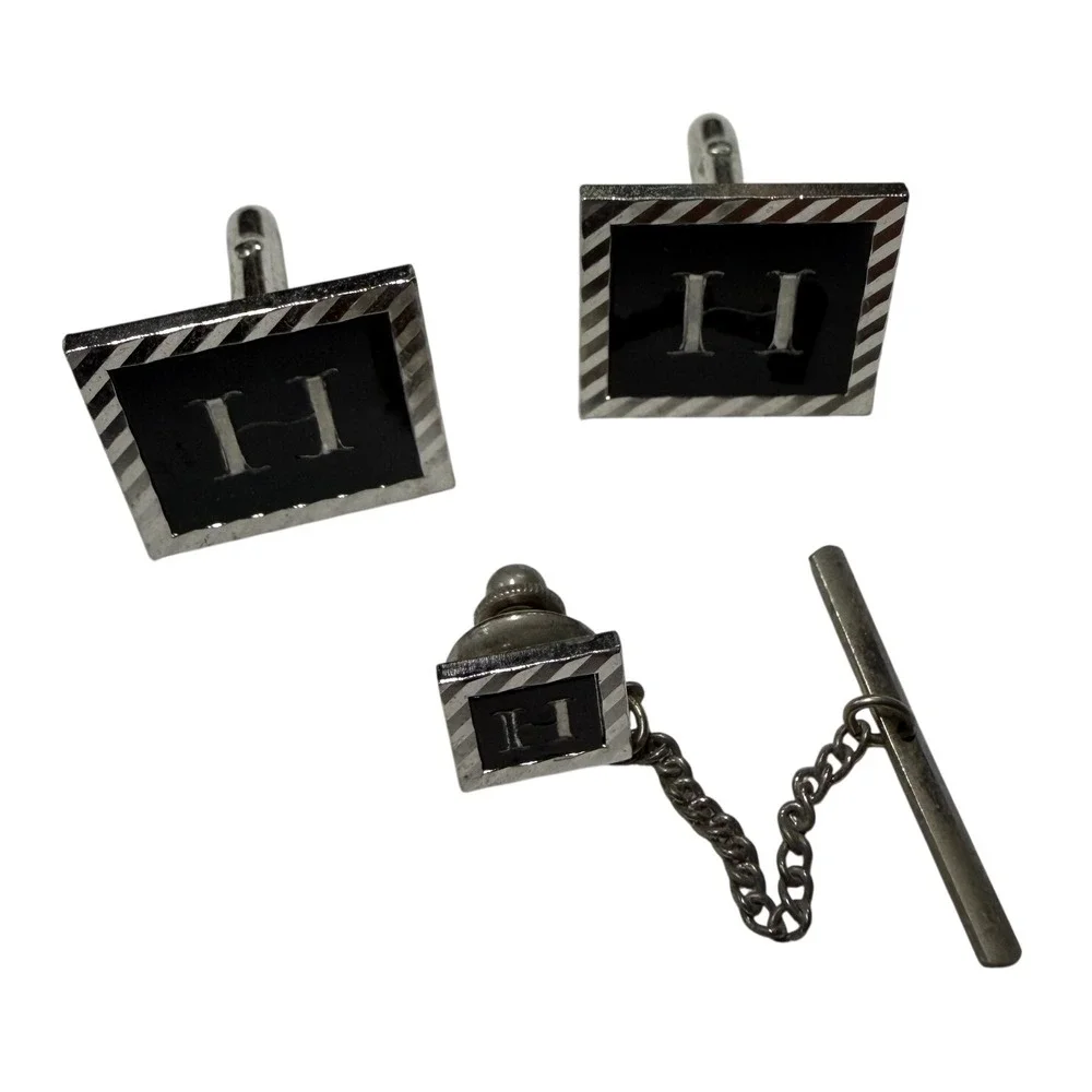 Vintage Mens Initial H Cufflinks & Tie Tac Set Black Silver Tone Monogram Square